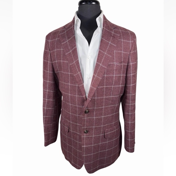 JOS A BANK BRRR LINEN WOOL HALF LINED WINDOWPANE SPORT COAT SZ 42 TAILORED FIT